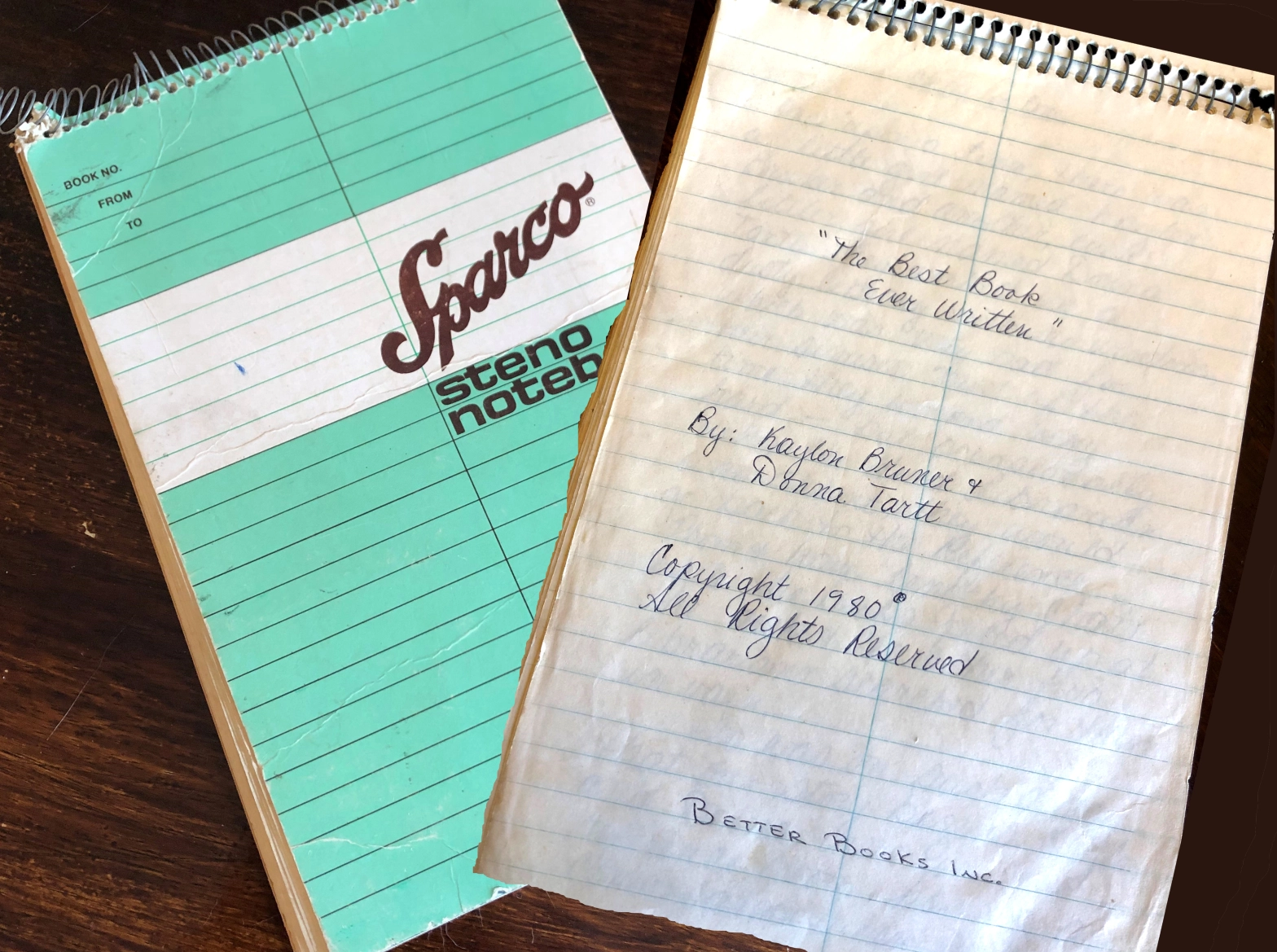 Donna Tartt is the award-winning author of The Goldfinch and other novels. The attached photo is of the actual steno notebook she bought in 1980 that we used for our writing game. My mom found it in her attic when she moved in 2020.